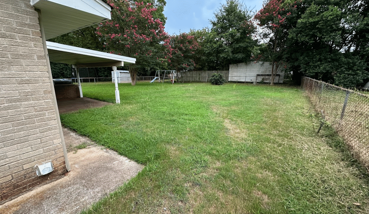 Backyard with grass, trees, and swing set.