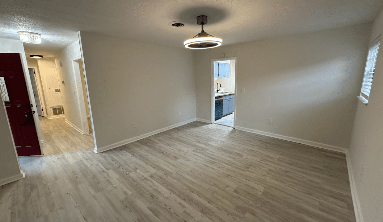 Empty room with wooden floor and light fixture.
