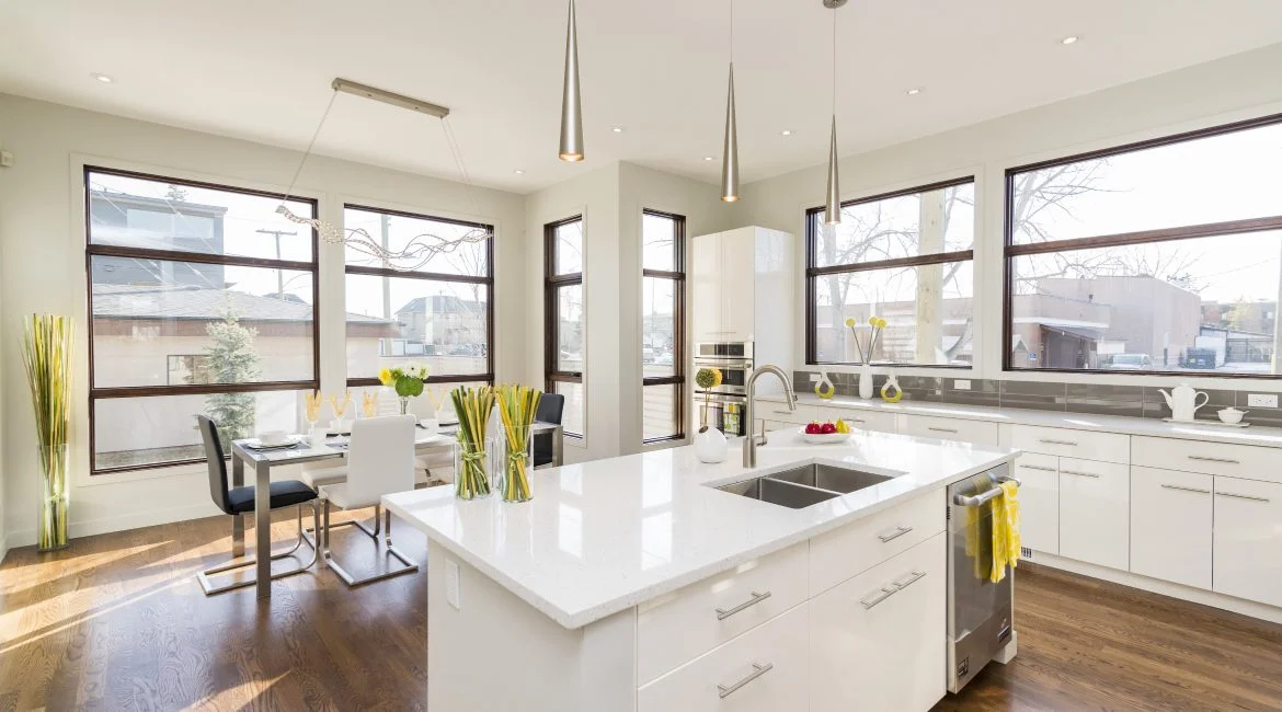 Bright modern kitchen with white island
