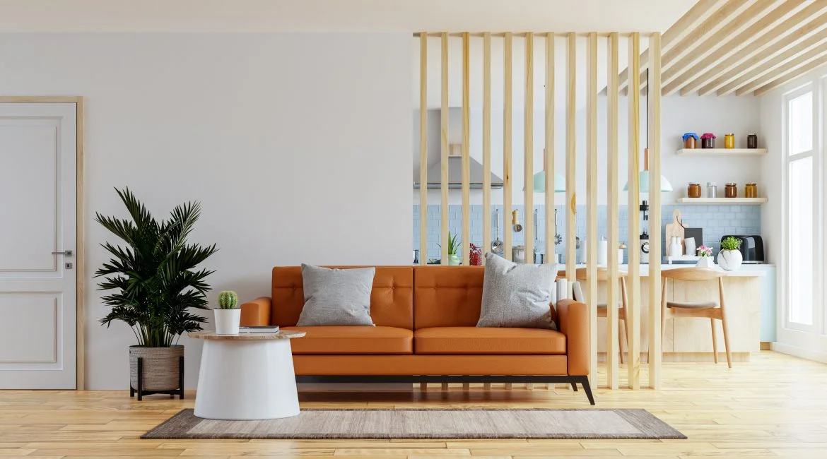 Modern living room with orange sofa
