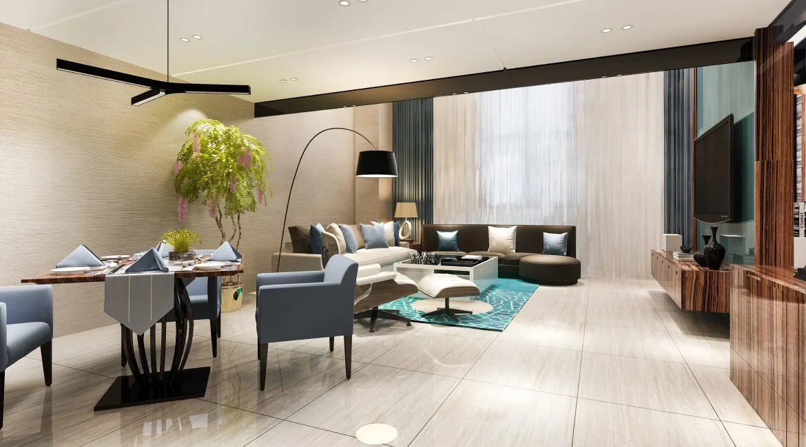 Modern living room with blue accents